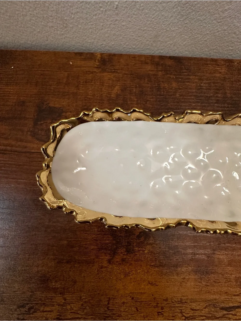 Luna Park Olive Appetizer Serving Dish - Textured White Ceramic with Gold Trim